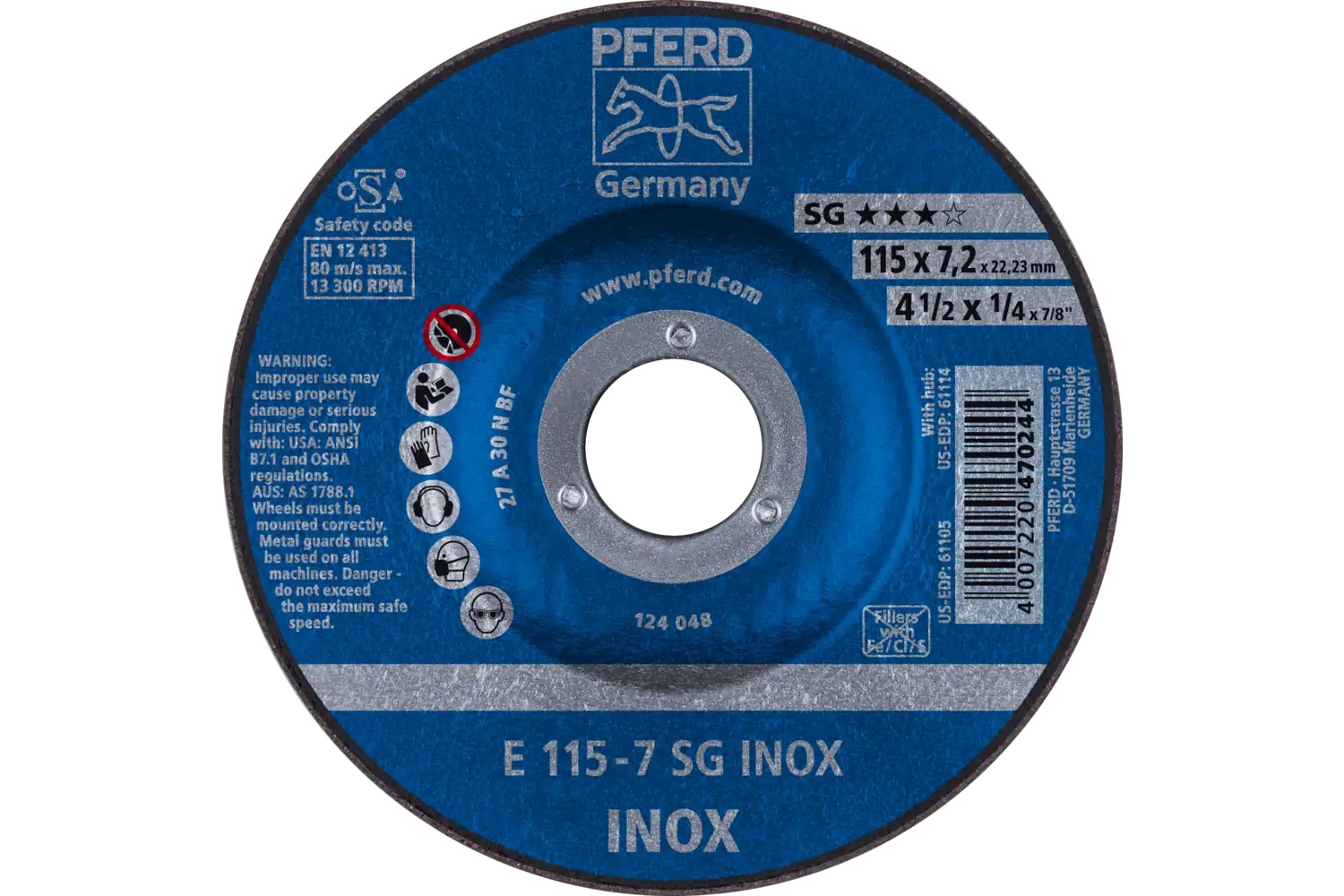 Picture of Pferd Grinding Wheel, 4-1/2" X 1/4 X 7/8, Sg Inox, T27, Aluminum Oxide